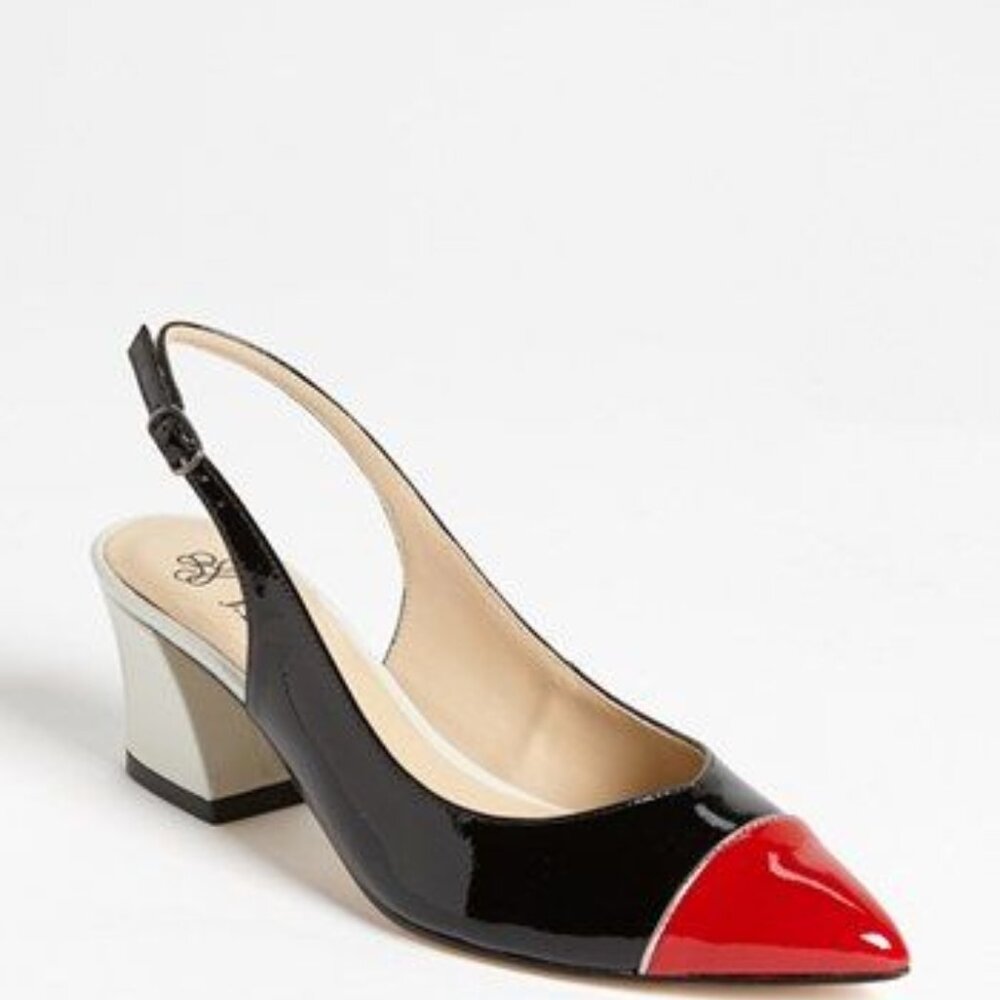 Women's size 12W "J. Renee" Sophie Black Red Lt. Grey Patent Leather Sling Back